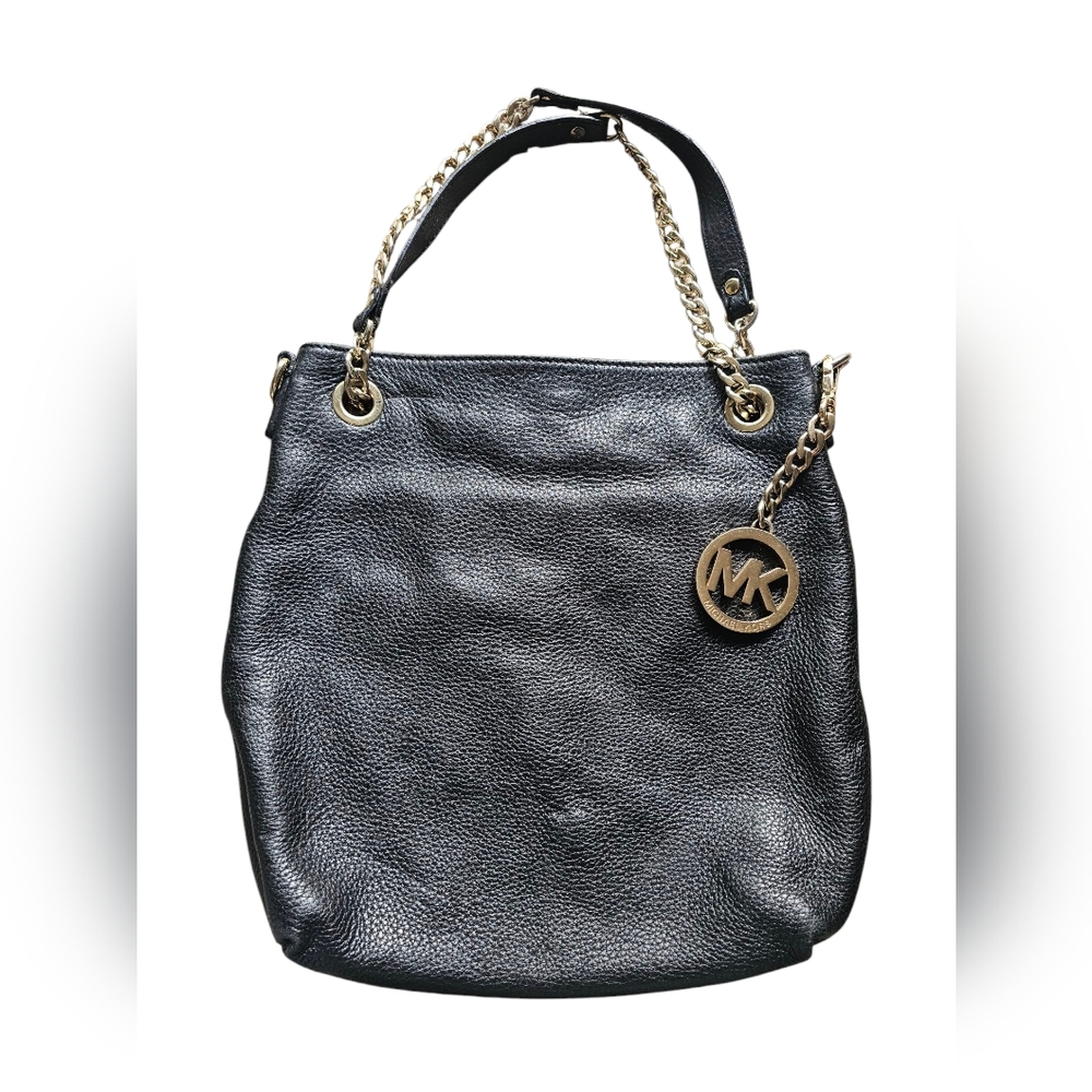 Michael Kors Black Grain Leather Golden Charm Shoulder Bag‎